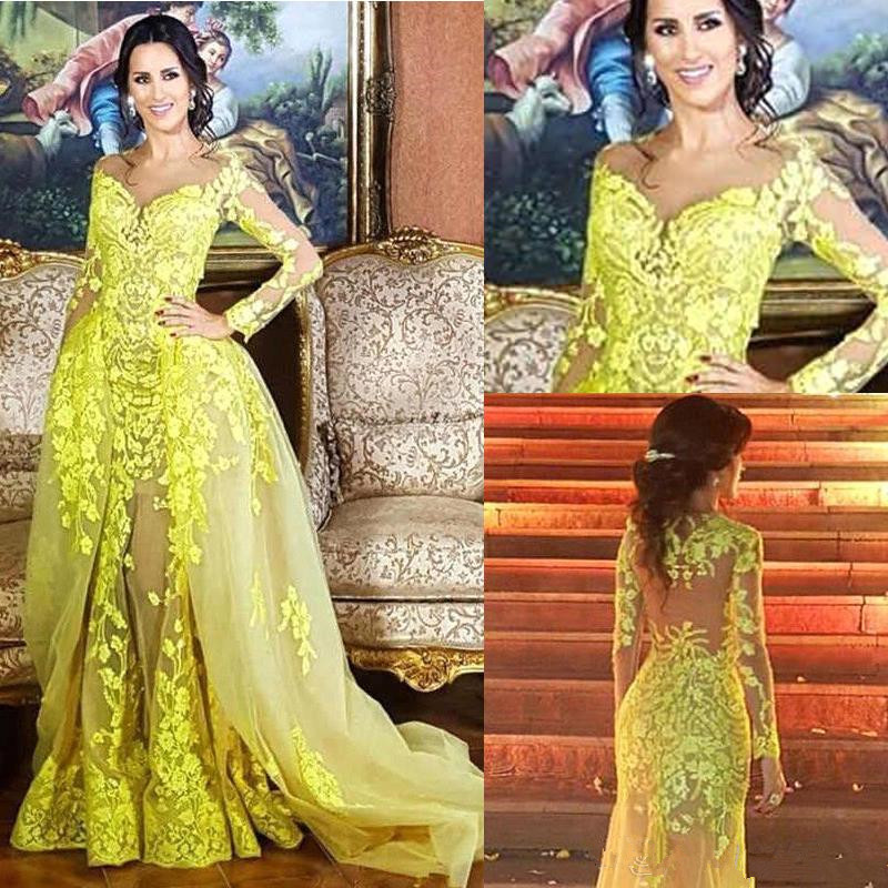 yellow mermaid prom dresses with detachable train long sleeve lace appliqued evening dresses formal gowns vestidos de fiesta