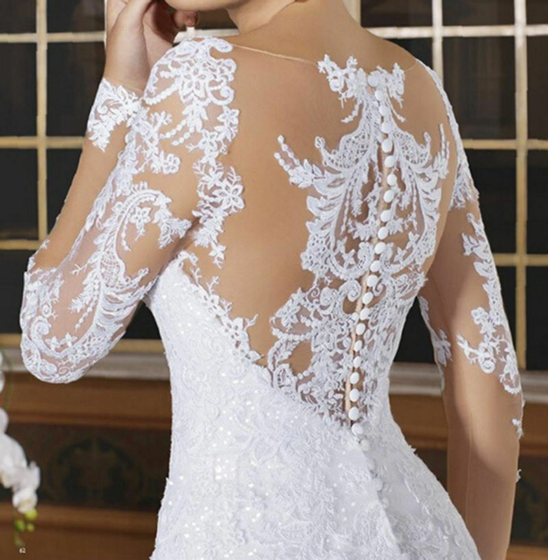 White Mermaid Wedding Dresses Sheer Neck Lace Flower Appliques Long Sleeve Bridal Gowns Illusion Back Ruffels Sweep Train Wedding Dress