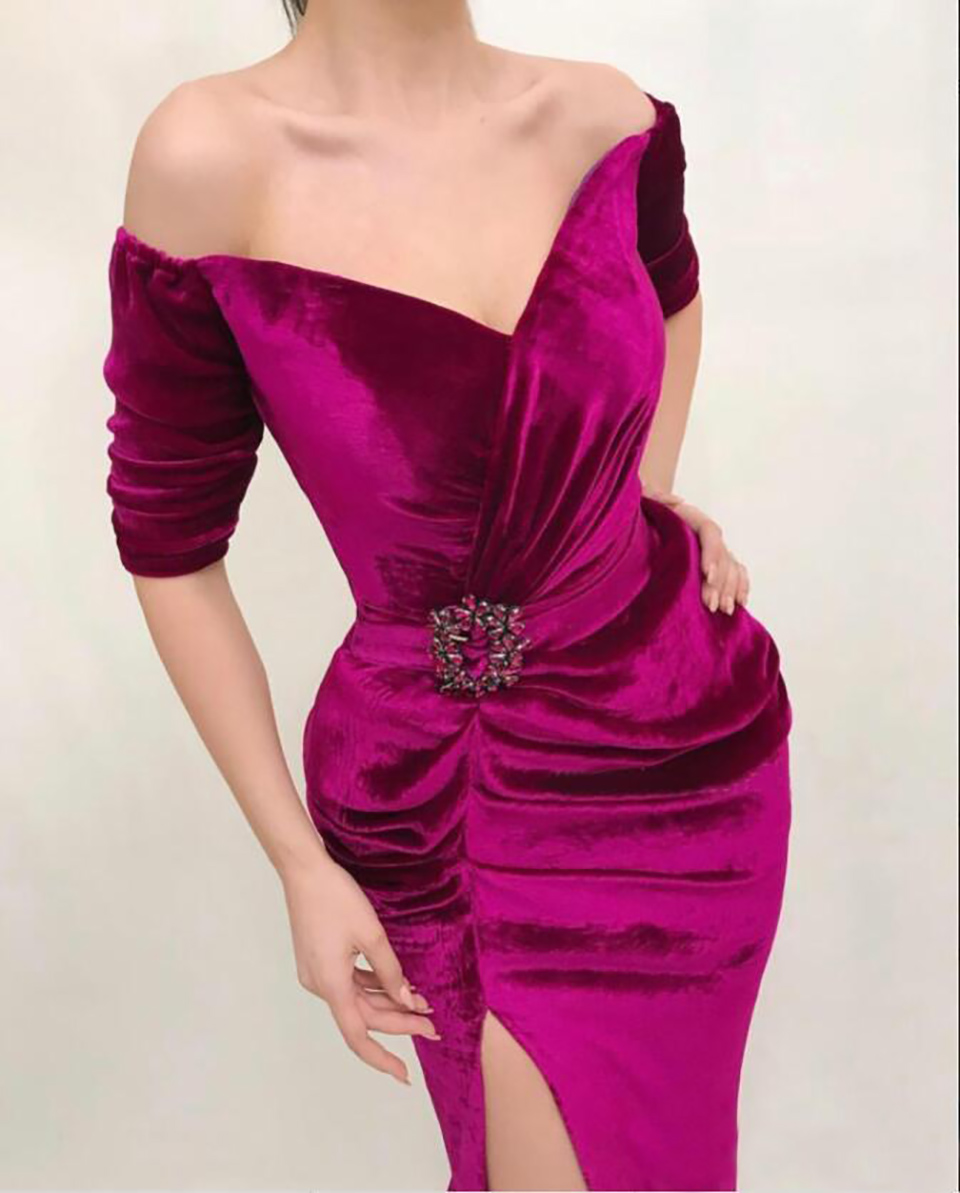 Velvet Mermaid Prom Dresses Off Shoulder Half Sleeves Pleats Side Split Evening Dress With Sash Beads Party robe de soiree ED1348