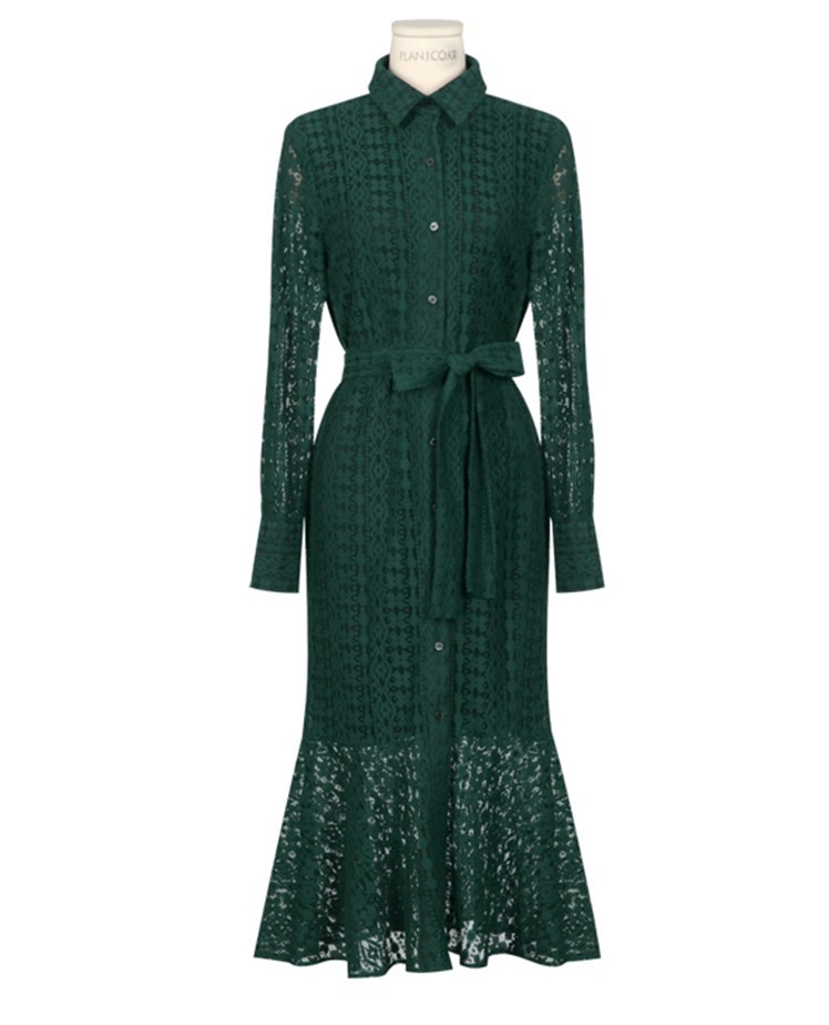 Vintage Hollow-out Lace Women Long Dress Single Breasted Bandage Elegant Mermaid Female Dress Full Sleeve Autumn Vestidos femme MX200804