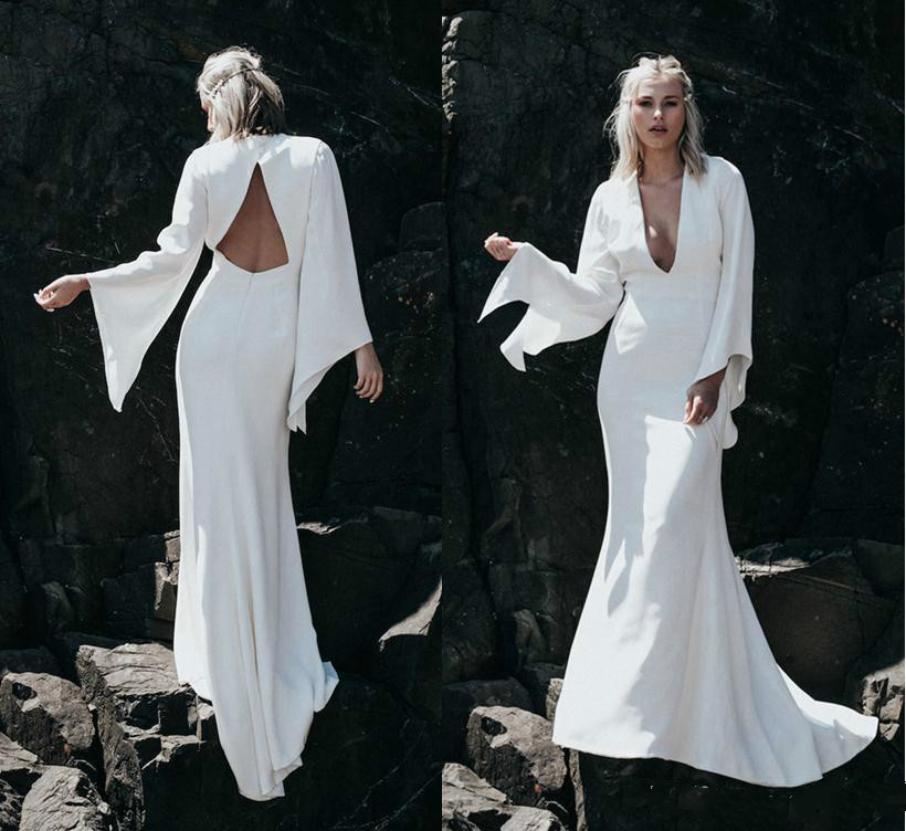Vintage Long Sleeves Hippie Bohemian Wedding Dresses 2020 Modest Satin Custom Made Deep V Neck Mermaid Wedding Dress Beach Bridal Dress, Silver
Vintage Long Sleeves Hippie Bohemian Wedding Dresses 2020 Modest Satin Custom Made Deep V Neck Mermaid Wedding Dress Beach Bridal Dress, Silver
