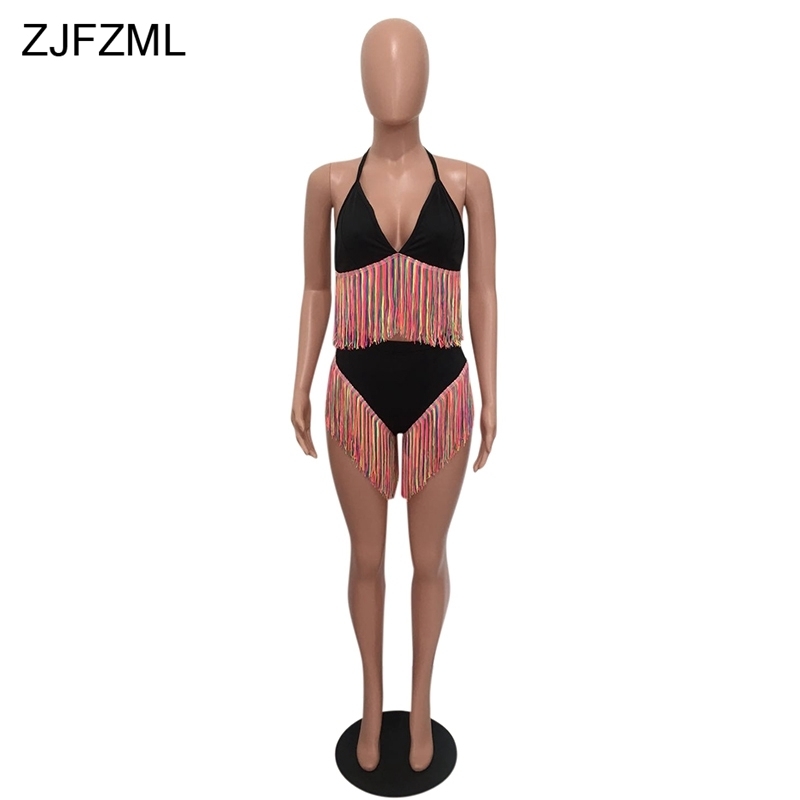 Zjfzml Colorful Tassels Summer Two Piece Set Women Halter V Neck Backless Crop Top+purple High Wiast Short Sexy 2 Piece Outfits C19021601
