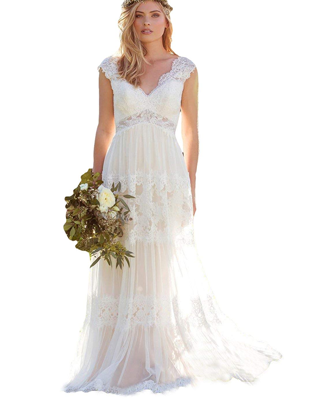 Modest Women Bohemian Wedding Dresses Lace Bridal Gown Backless Vestido De Noivas V Neck Cap Sleeve Wedding Dress Vestito Da Sposa Plus Size