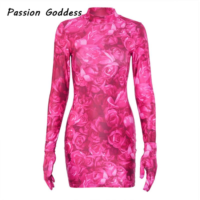 Rose Flower Tie Dye Bodycon Dress with Gloves Street Women Long Sleeve Mini Dress Elastic Hight Party Gloves Mujer