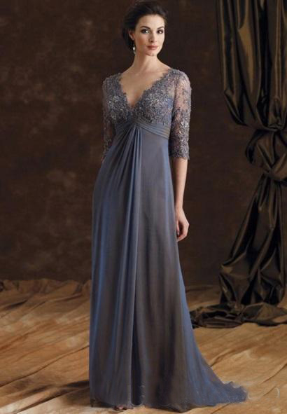Chic Plus Size Lace Mother Of The Bride Dresses Sleeves A-Line V-Neck Empire Waist Evening Party Dresses Floor-Length Chiffon Prom Dresses