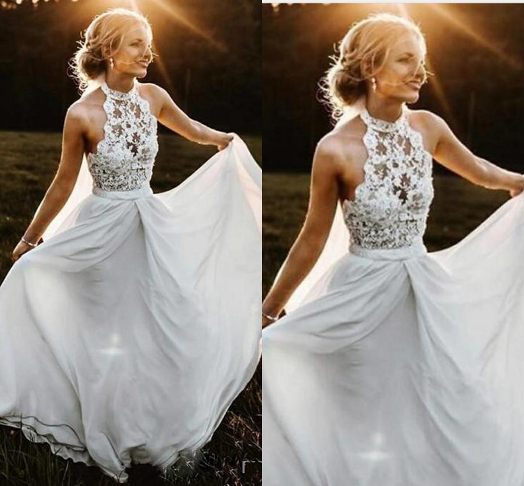 Cheap Bohemian Beach A Line Wedding Dresses Backless Halter Appliques Lace Chiffon Sweep Train Illusion Plus Size Long Formal Bridal Gowns