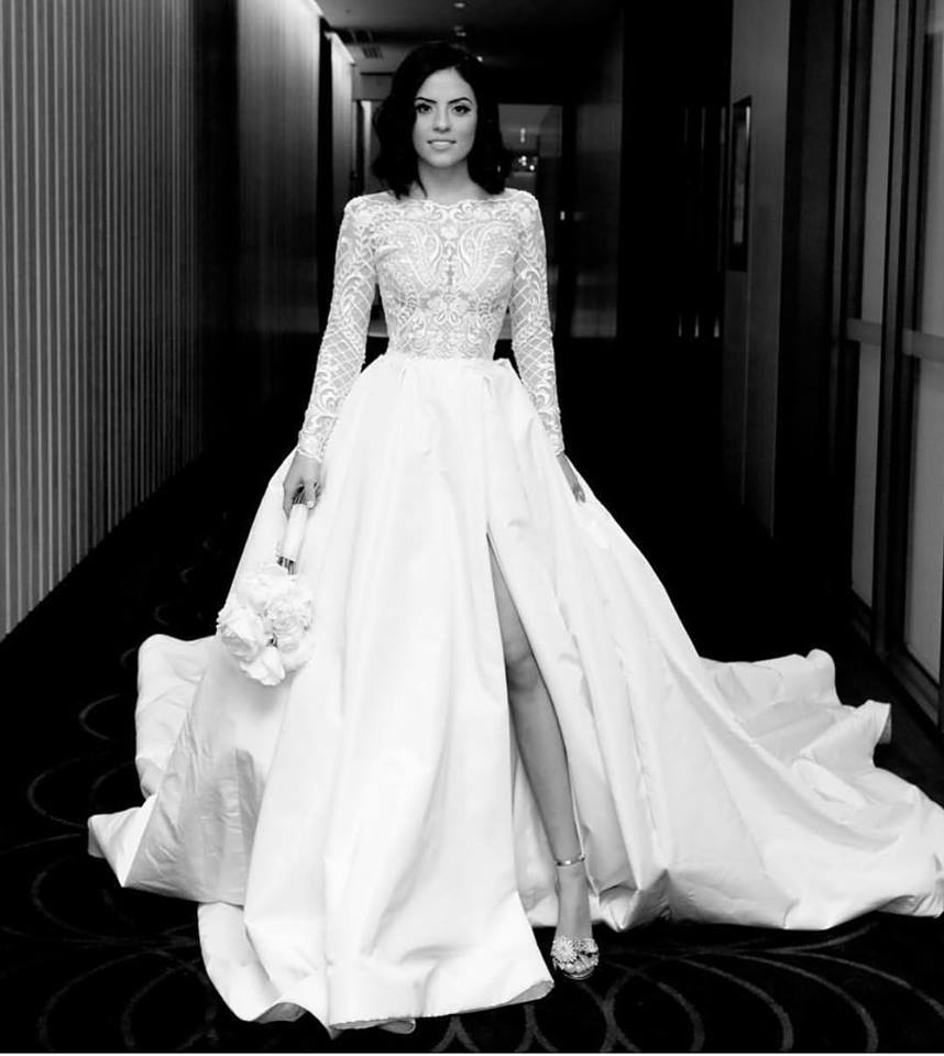 boho white wedding dresses bateau neck long sleeves lace bridal gowns front split backless princess beach wedding dress cheap