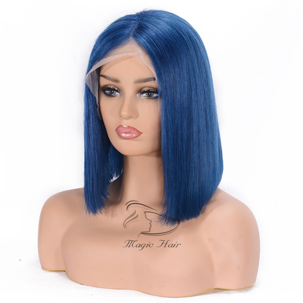 Full Lace Human Hair Wigs For Women Natural Black Blue color Remy Hair Silky Straight Short Bob Lace Front human hair Wigs
