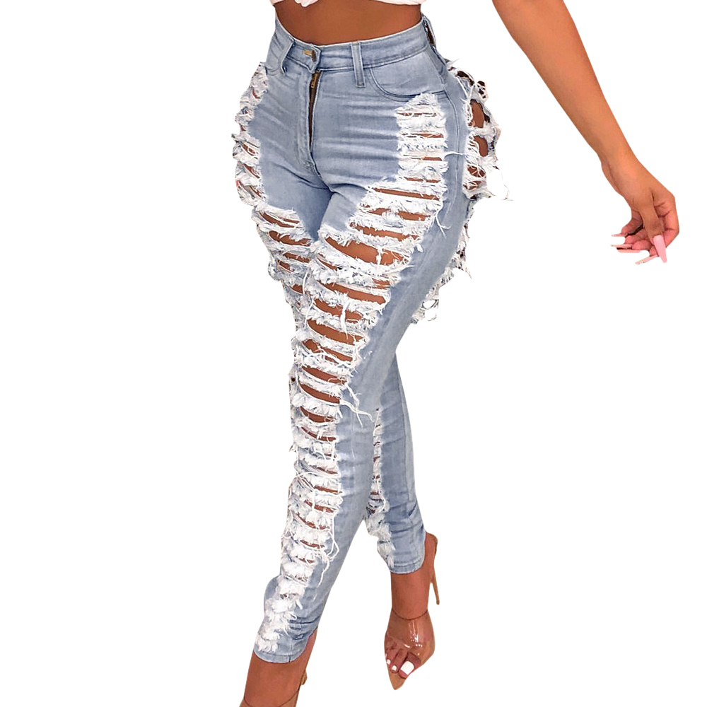 Women Sexy Ripped Hole Jeans Fashion Casual Washed Denim Pants Femme Destroyed High Waist Skinny Pencil Pants Bodycon Trouser