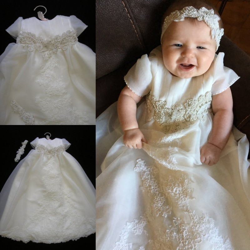 Chic Long Christening Gowns For Baby Girls Jewel Neck Lace Appliqued Beads Baptism Dresses Flower Girls Dress For Weddings With Bonnet