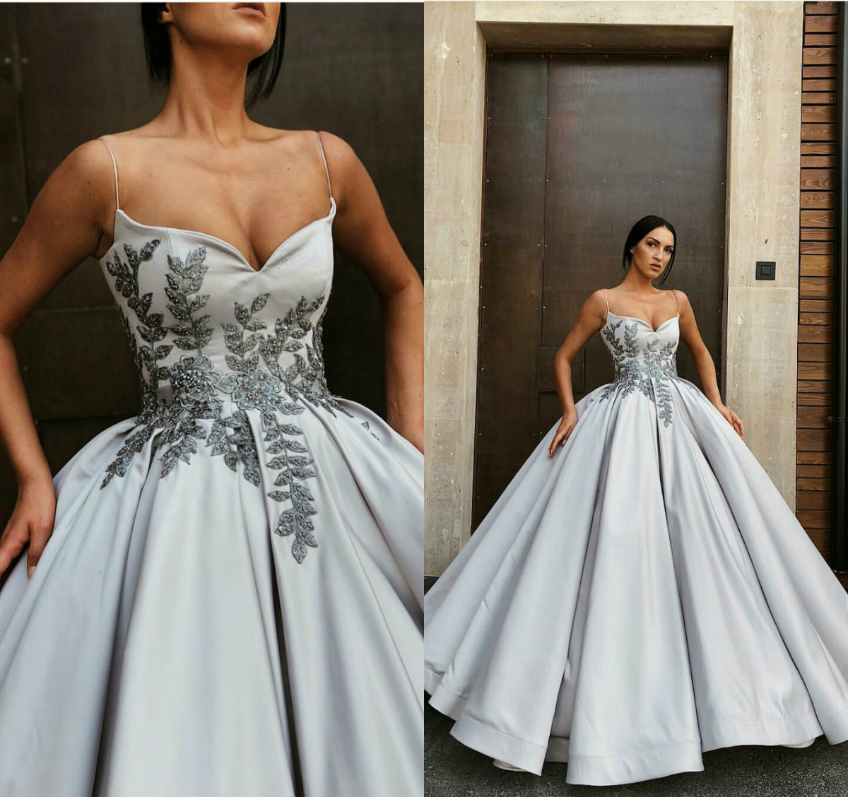 2019 Silver Spaghetti Beaded Prom Dress Lace Appliqued Ball Gown Evening Gowns Floor Length Plus Size Formal Dress Party Wear