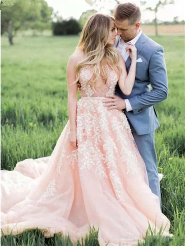 Vintage Blush Pink Tulle Boho Wedding Dresses Deep V-Neck Lace Appliques Western Country Bridal Gowns Plus Size robe mariee sirene