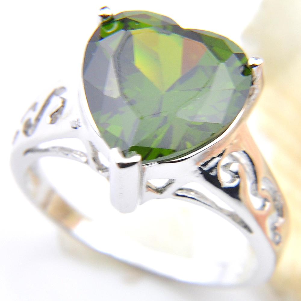 High Quality Green Peridot Gemstone Women Rings 925 Sterling Silver Plated Heart Cut Ring Weddings Bride Jewelry Gift 5 pcs