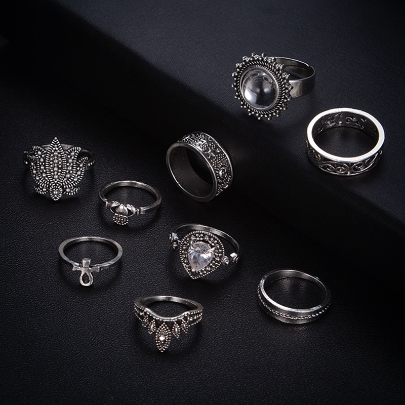 9 pieces of silver vintage ethnic style exaggerated gems combination bohemian stack ring rhinestone joint ring nail ring set for female girl