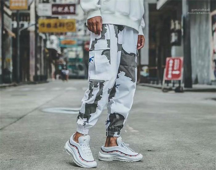 

Men Ins Drawstring Trousers Hip Pop Clothing Fashion Camouflage Cargo Pants Male Embroidery Panelled Pants Fitness, White