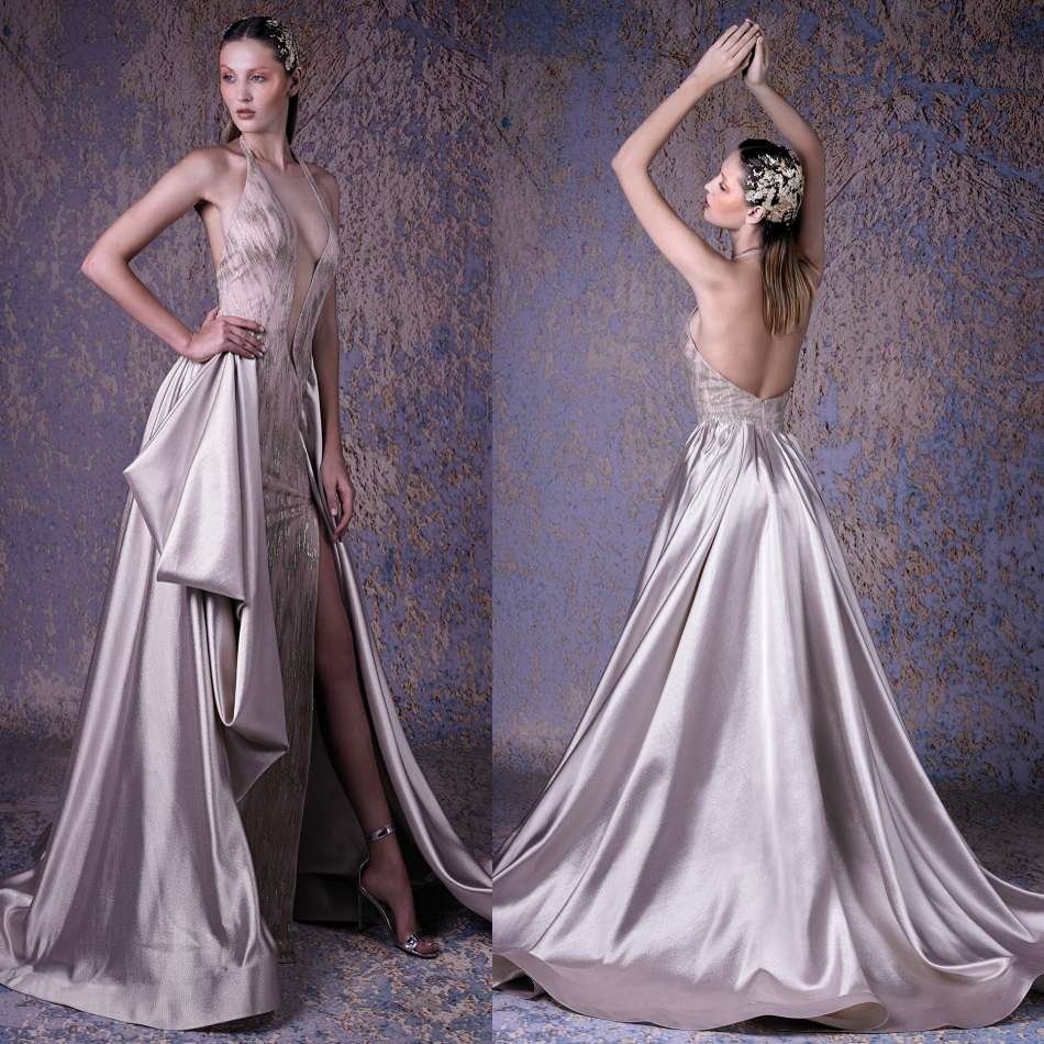 Split Mermaid Evening Dresses With Detachable Train Satin Sweep Train Deep V Neck Backless Prom Dress Bling Sequins Formal Party Gowns