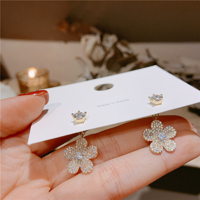 Dangle & Chandelier Korea Trendy Shiny Zircon Flower Pendant Earrings For Women 2021 Exquisite Statement Girl Jewelry Accessories Gift