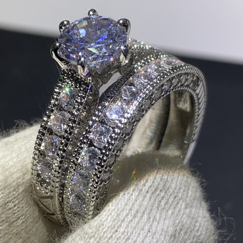 Vintage Jewelry Couple Rings 14KT White Gold Fill Round Cut White Topaz CZ Diamond Gemstones Party Retro Women Wedding Bridal Ring Set Gift