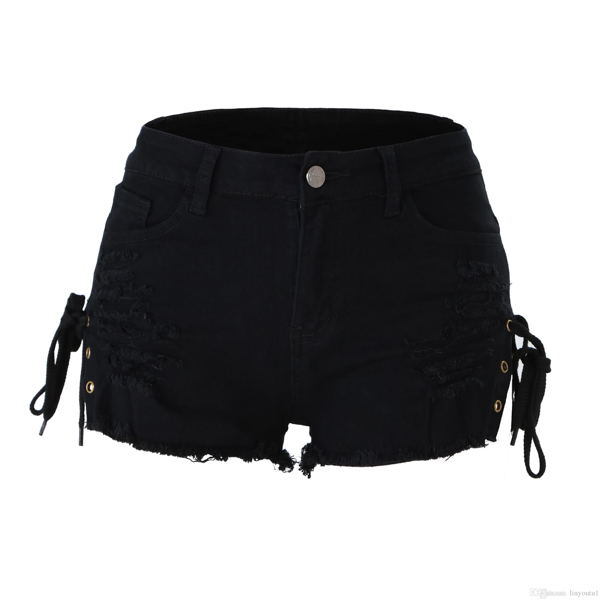2020 Plus Size Tassel Denim Party Shorts Women Sexy Club Skinny Lace Up Mid Waist Hole Rivet Button Fly Black Short Jeans