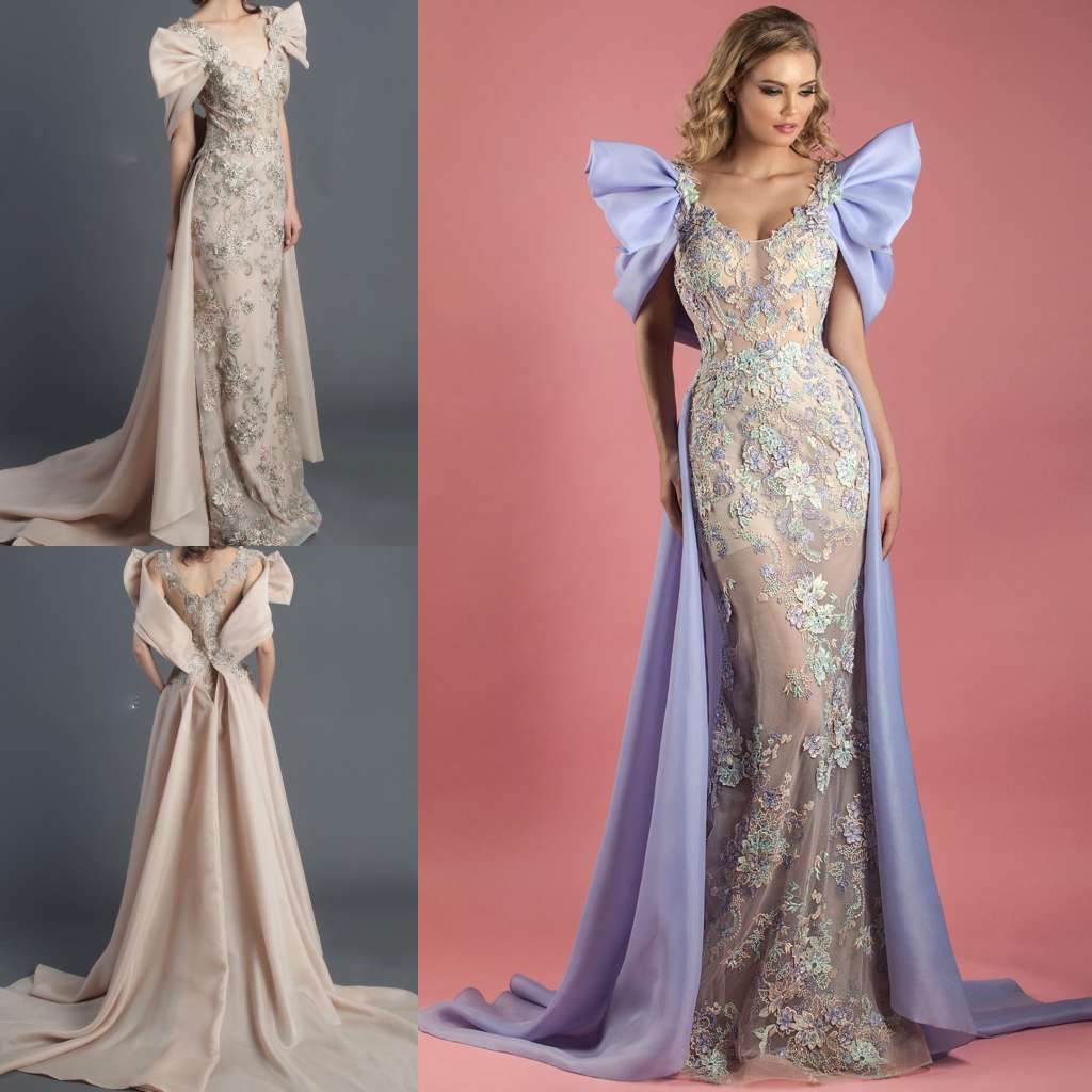 Overskirts Mermaid 2019 Evening Dresses With Detachable Train Scoop Neck Lace Prom Gowns Women Wear Saudi Arabian Arabic Formal Dress