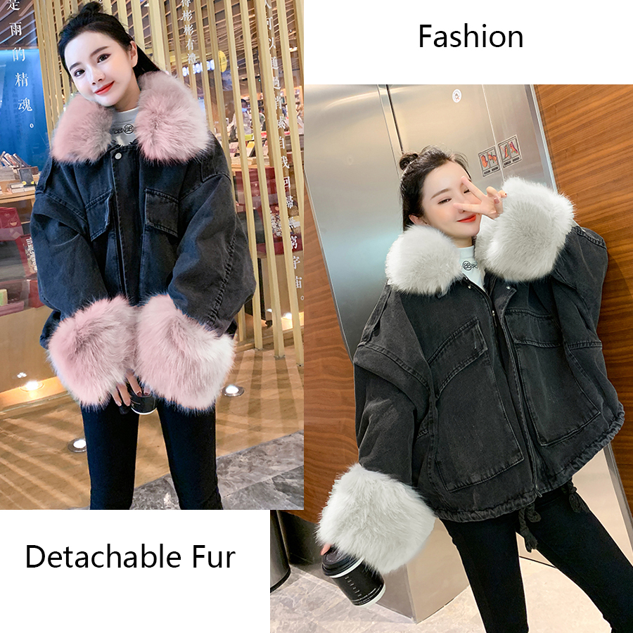 Casual Cotton Liner Fur Collar Denim Jackets Women Korean Loose Hardy Warm Black Denim Coat Female Winter Cowboy Parka Outwear T200111