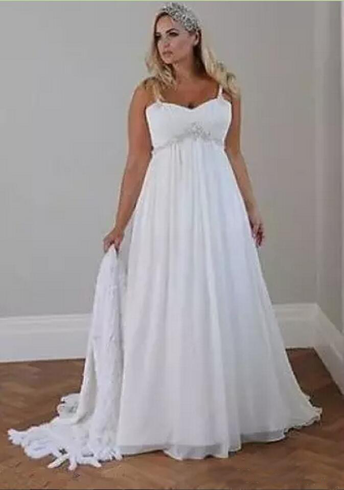 Crystals Plus Size Beach Wedding Dresses Corset Back Spaghetti Straps Chiffon Floor Length Empire Waist Elegant Bridal Gowns Sleeveless 0521