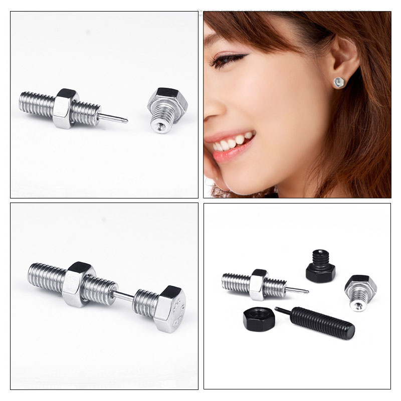 Stainless Steel Screw Earrings stud Machine Puncture Ear rings Punk Silver Black Fashion Jewelry for Women Men Gift