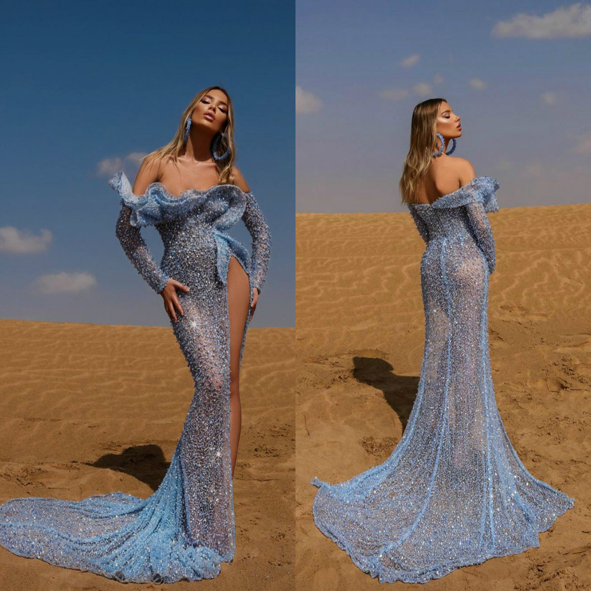 Light Blue Mermaid Evening Dresses Beaded Lace Sequined Long Sleeve Prom Dress High Side Split Sexy Formal Party Gowns