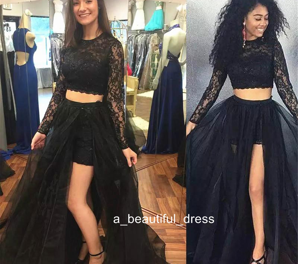 Two Pieces Black Prom Dress Long Sleeve Black Lace Top Tulle Skirt Side Split Party Gowns Sweep Train Custom Size PD5580