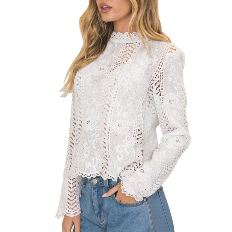 White Lace Hollow Out Turtleneck Blouse - Long Sleeve, Elegant, Solid, Casual, Women's Tops & Blouses For B4
