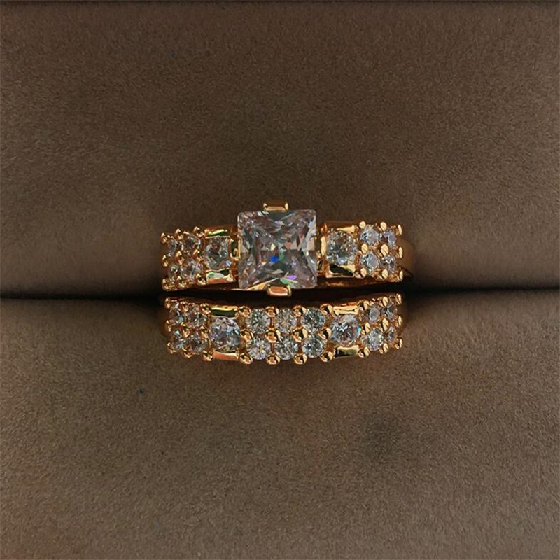 Size 6-10 Luxury Jewelry 925 Sterling Silver Princess Cut Gold Color White Topaz CZ Diamond Eternity Women Wedding Couple Ring Set Gift