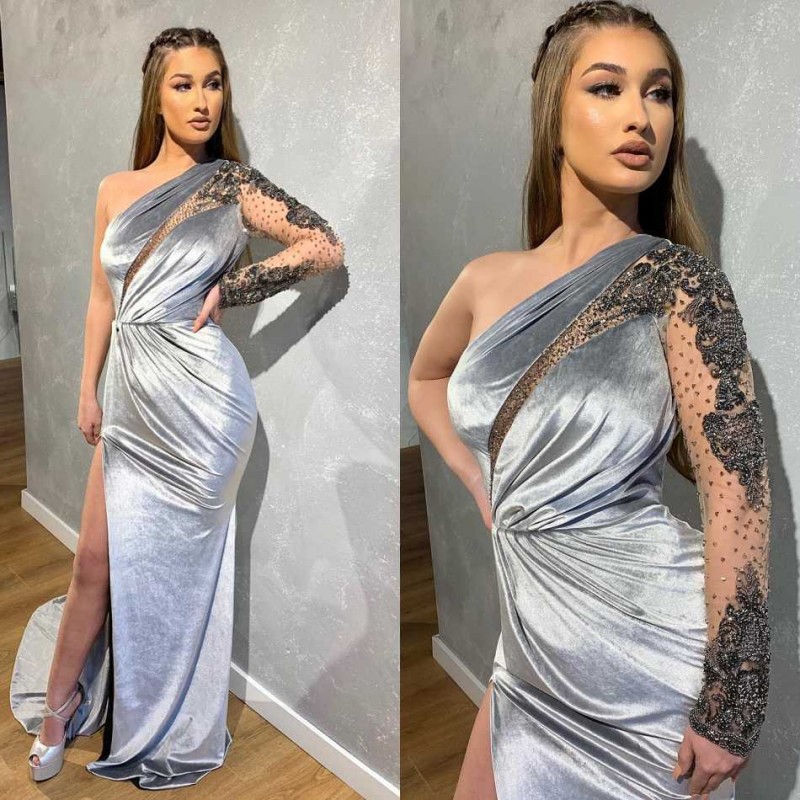 Prom Dresses Fashion One Shoulder Long Sleeve Lace Side Split Evening Gowns Sweep Train Plus Size Formal Party Dress
