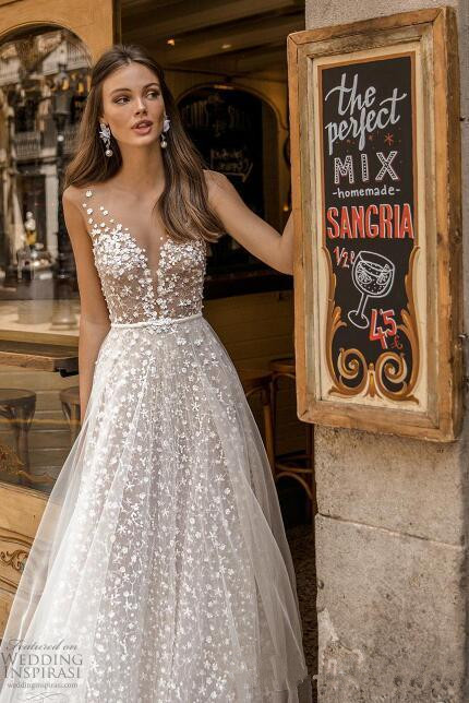 sparkly berta beach wedding dresses sheer v neck beads sequined lace tulle boho bridal gowns a line sexy illusion wedding dress