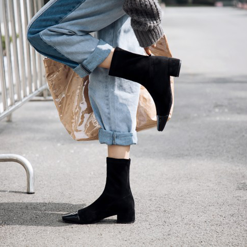Elastic Ankle Sock Boots Chunky Heels Squre Toe Autumn Winter Slim Stretch Boots Suede Comfy Shoes Women Bota Feminina