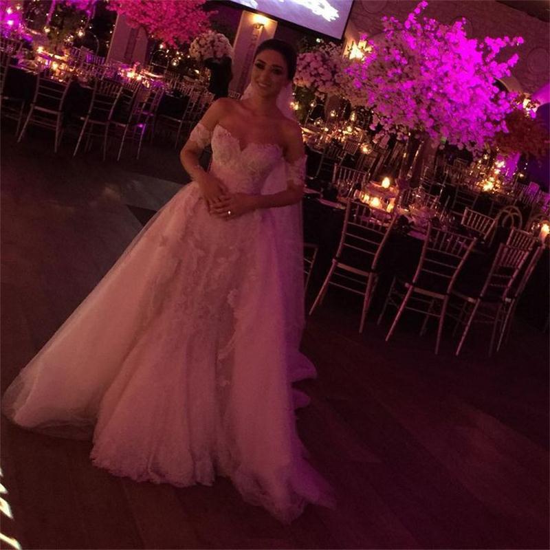 The Elegant Off Shoulder Mermaid Dresses Short Sleeves Lace Applique Tulle Overskirt Train Custom Made Chapel Wedding Gown