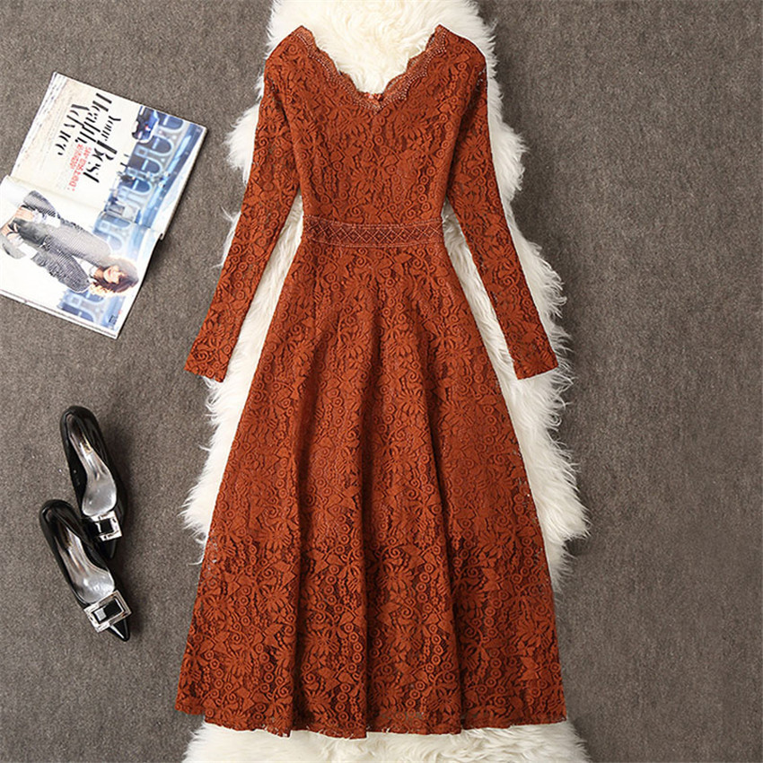 2019 Summer Women Long Sleeve Lace Dress Big Size M-3xl Dress Elegant Lady Long V-neck Party Dressess Vestidos Bottomings Wz564 MX190725