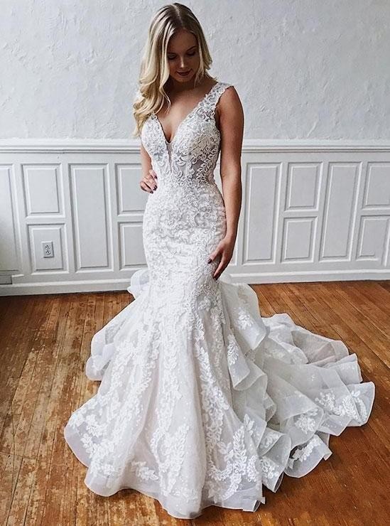 New Arrival Sexy Mermaid Wedding Dresses Lace Appliques Beads Sleeveless Open Back Ruffle Court Train Arabic Custom Formal Bridal Gowns