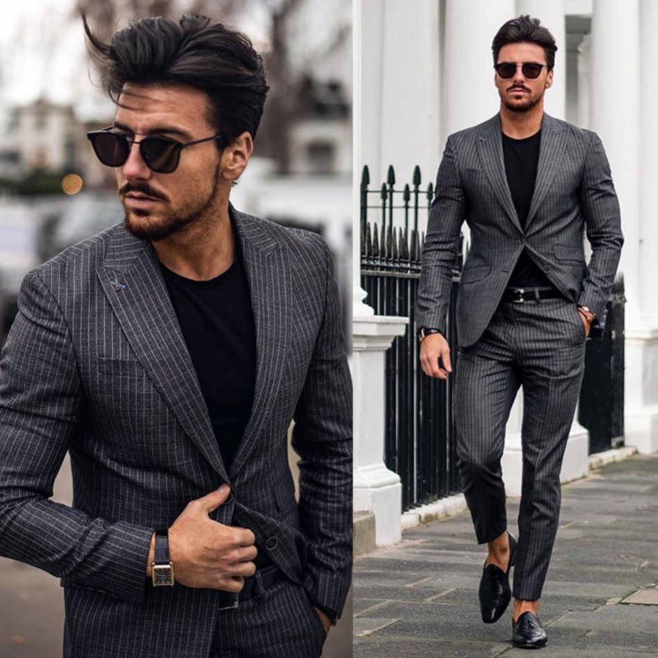 High Quality Men Tuxedos Groom Wedding Suits Stripe Slim Fit Two Button Peaked Lapel Mens Suit 2 Pieces Coat Pants (jacket+Pants)