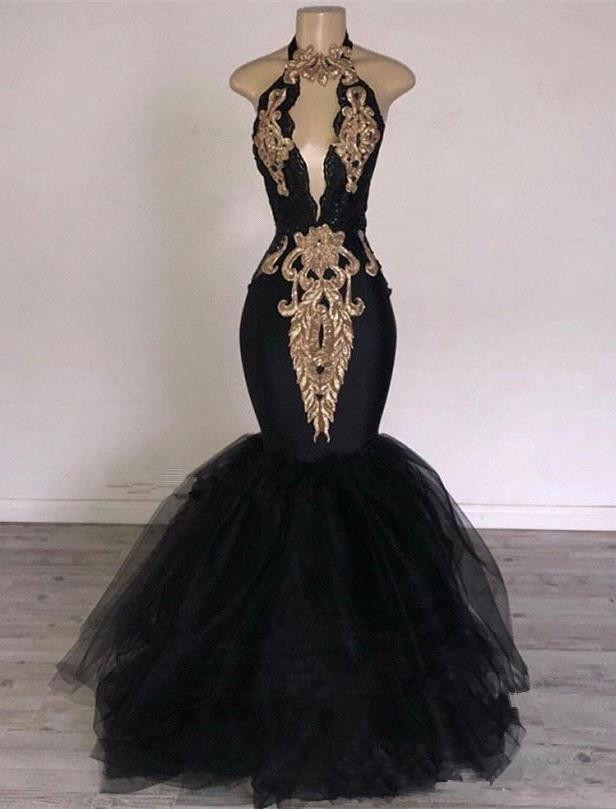 Sexy Black Halter Tulle Mermaid Long Prom Dresses Keyhole Lace Applique Gold Sparkly Backless Full length African Occasion Evening Gowns