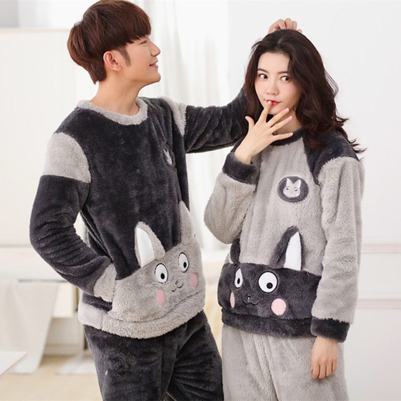 Cute Animal Flannel Pattern Winter Couples Pajamas Set For Women Men Plush Fabric Sleepwear Pyjamas Suit Home Clothing Q190330