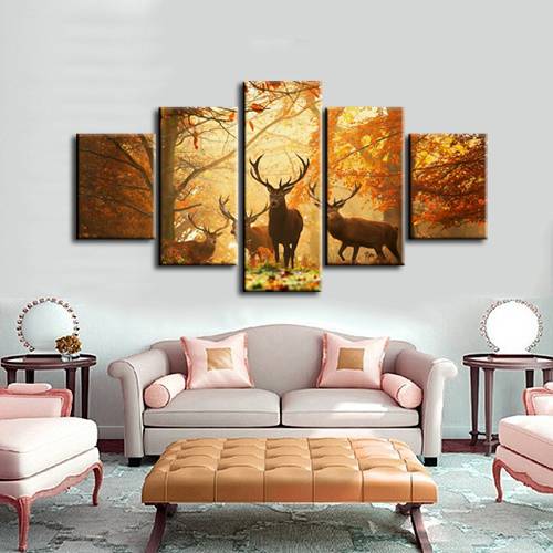 5pcs/set Sunset Golden Deer Wall Art Oil Painting On Canvas (No Frame) Animal Impressionist Paintings Picture Living Room Decor