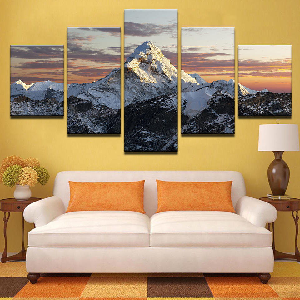 Canvas HD Prints Paintings Home Decor Living Room 5 Pieces Sunset Snow Mountains Posters Wall Art Landscape Pictures No Frame
