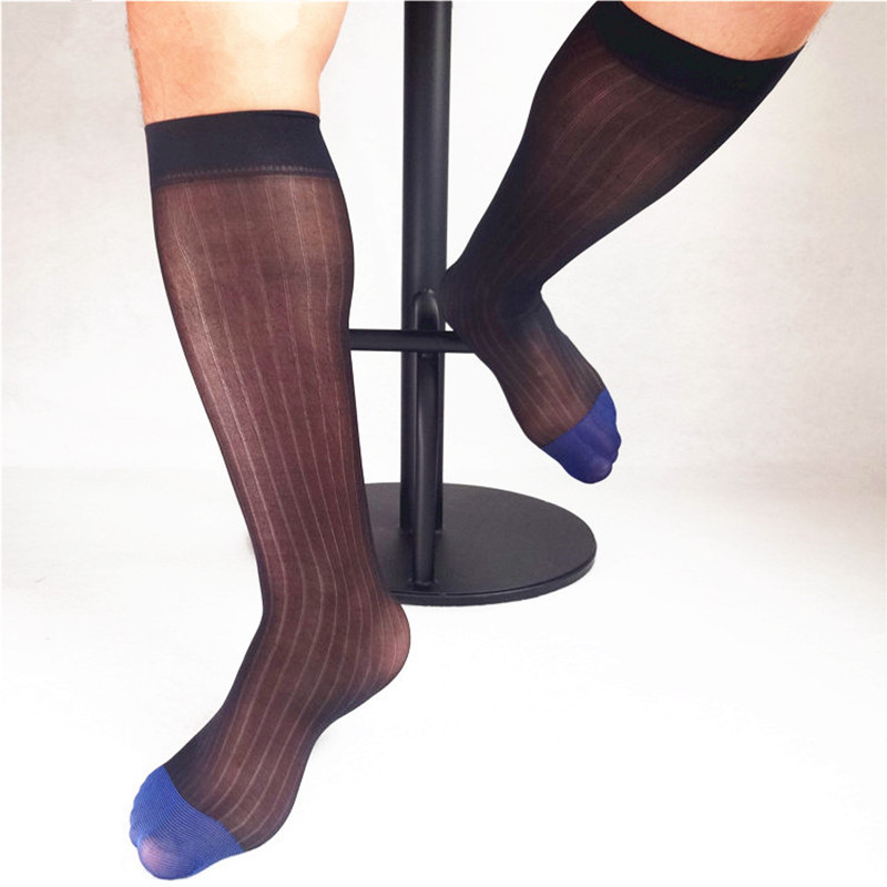 Striped Mesh Nylon Silk Socks For Men Business 1 Pair Soft Sheer Light Weight Formal Dress Suit Knee Length Long Socks