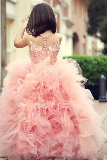 Pink Puffy Wer Girls Dresses For Weddings Illusion Jewel Lace Applique Tiered Ruffles Ball Gown Birthday Children Girl Pageant Gowns 6660305