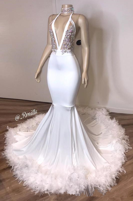Sexy Backless White Mermaid Prom Dresses 2020 With Feather Silver Lace Plus Size Formal Special Occasion Gowns Cheap Vestidos De Novia