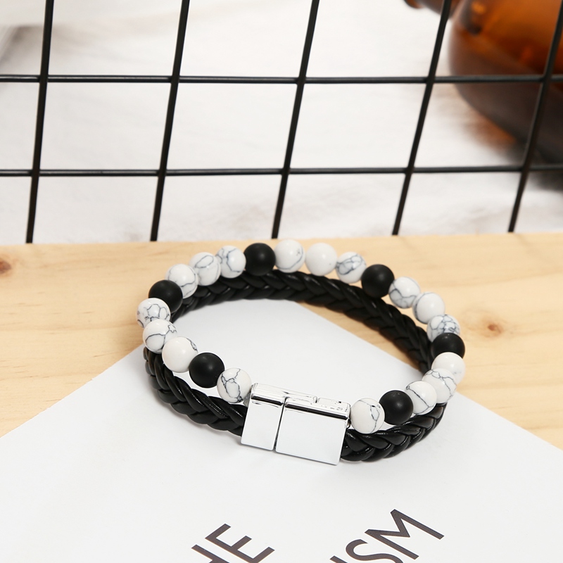 Leather beaded bracelet handmade 2 layer buckle men's temperament charm bracelet daily wear