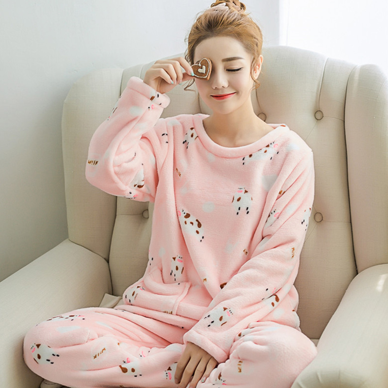 Women's Flannel Cute Two-piece Pajama Sets 2018 Autumn Female Soft Cotton Sleepwear Ladies Kawaii Cartoon Print Pyjama Suits