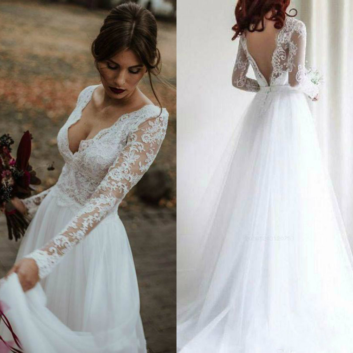 long sleeve boho wedding dresses plus size lace applique v neck tulle beach bridal gowns backless custom made robes de marie
