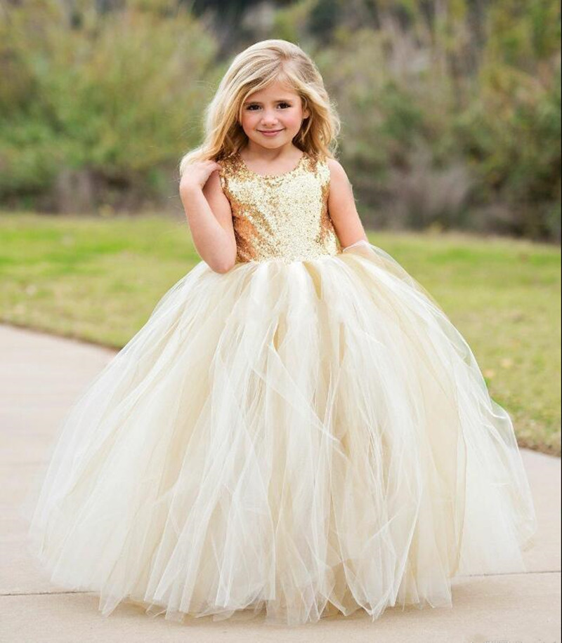 gold ball gown girl pageant dresses jewel neck sequins sleeveless flower girl gowns ruffle hollow back glitter birthday gowns