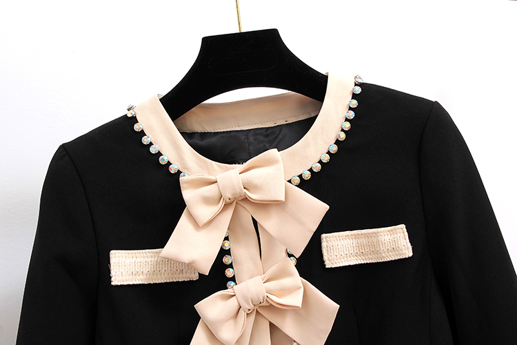 High Quality female jacket Bow Beading Diamonds tweed Black Woolen jackets women long sleeve fashion coat clothing 2019 T200407